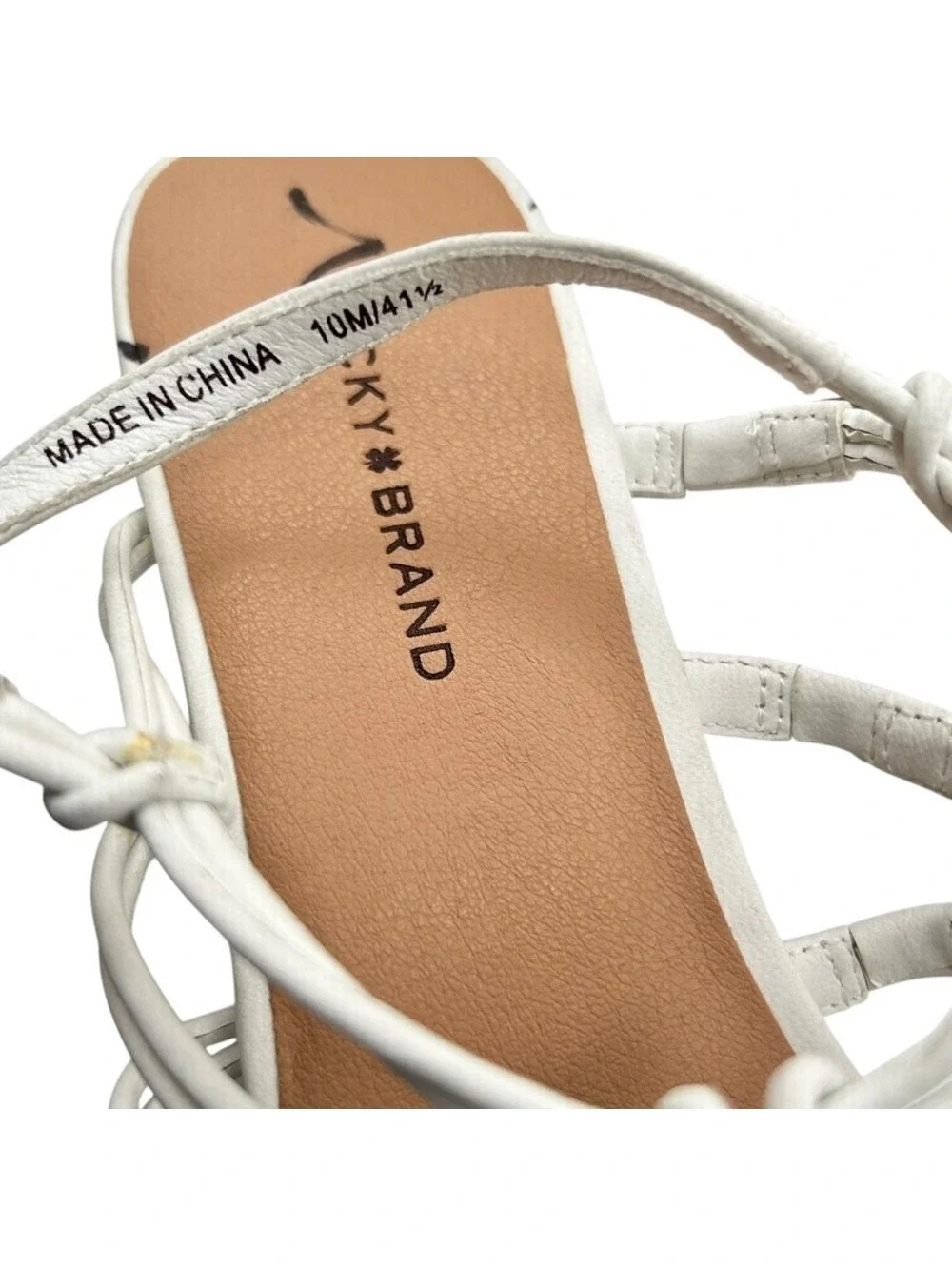 Lucky Brand Bassie White Strappy Knotted Bamboo Block Heel Sandal Women Size 10M